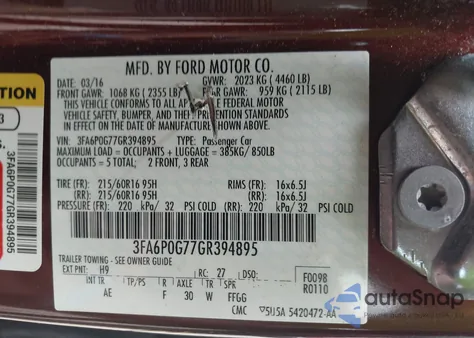 2016 Ford Fusion S z USA, uszkodzony, nr VIN 3FA6P0G77GR394895
